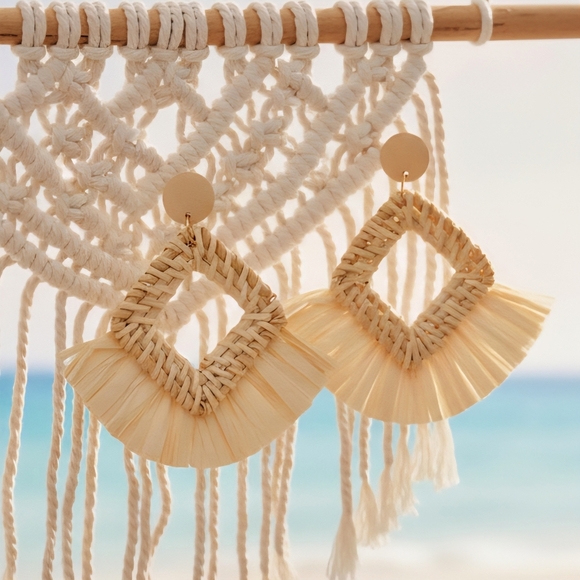 Boho Chic Raffia Statement Earrings | Handmade Beach Vibes Resortwear Jewelry - Picture 7 of 14